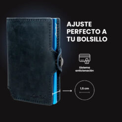 Billetera Slim Leather Collection LIMITED de cuero sintético color azul, con mecanismo de eyección, protección RFID y diseño minimalista para hombre.
