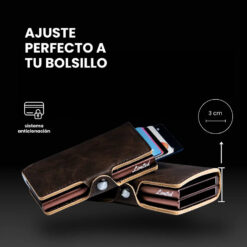 Billetera DOUBLE LIMITED de doble compartimiento con mecanismos de eyección, protección RFID, diseño resistente y espacio para tarjetas y billetes.