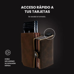 Billetera DOUBLE LIMITED de doble compartimiento con mecanismos de eyección, protección RFID, diseño resistente y espacio para tarjetas y billetes.