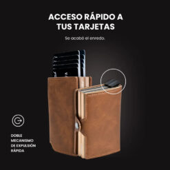 Billetera DOUBLE LIMITED de doble compartimiento con mecanismos de eyección, protección RFID, diseño resistente y espacio para tarjetas y billetes.