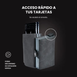 Billetera DOUBLE LIMITED de doble compartimiento con mecanismos de eyección, protección RFID, diseño resistente y espacio para tarjetas y billetes.