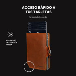 Billetera Slim Leather Collection LIMITED de cuero real color café, con mecanismo de eyección para tarjetas y compartimiento de billetes, protección RFID antirobo y diseño minimalista para hombre.