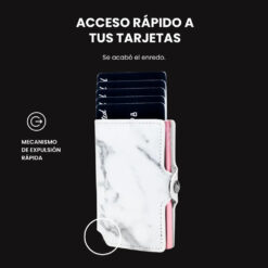 Billetera Slim Mármol LIMITED con diseño marmoleado blanco y negro, mecanismo de eyección para tarjetas, protección RFID y estructura minimalista.