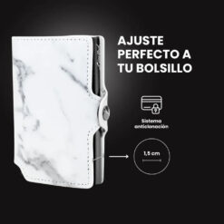 Billetera Slim Mármol LIMITED con diseño marmoleado blanco y negro, mecanismo de eyección para tarjetas, protección RFID y estructura minimalista.
