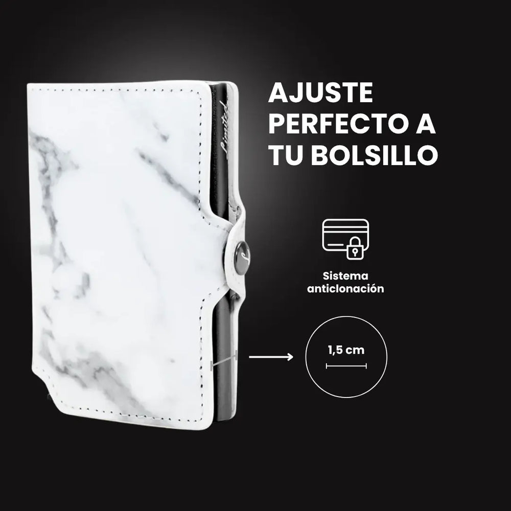 Billetera Slim Mármol LIMITED con diseño marmoleado blanco y negro, mecanismo de eyección para tarjetas, protección RFID y estructura minimalista.