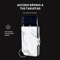 Billetera Slim Mármol LIMITED con diseño marmoleado blanco y negro, mecanismo de eyección para tarjetas, protección RFID y estructura minimalista.