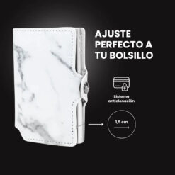 Billetera Slim Mármol LIMITED con diseño marmoleado blanco y negro, mecanismo de eyección para tarjetas, protección RFID y estructura minimalista.
