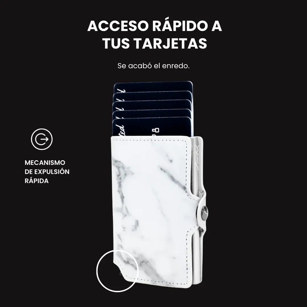 Billetera Slim Mármol LIMITED con diseño marmoleado blanco y negro, mecanismo de eyección para tarjetas, protección RFID y estructura minimalista.