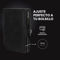 Billetera Slim Black LIMITED de diseño minimalista, color negro, con mecanismo de eyección para tarjetas, protección RFID y compartimento para billetes.