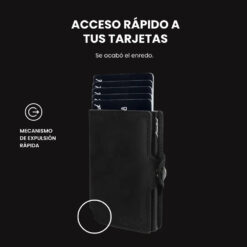 Billetera LIMITED de cuero negro con mecanismo de eyección, protección RFID, espacio para tarjetas y billetes, empaque premium y diseño delgado para hombre.