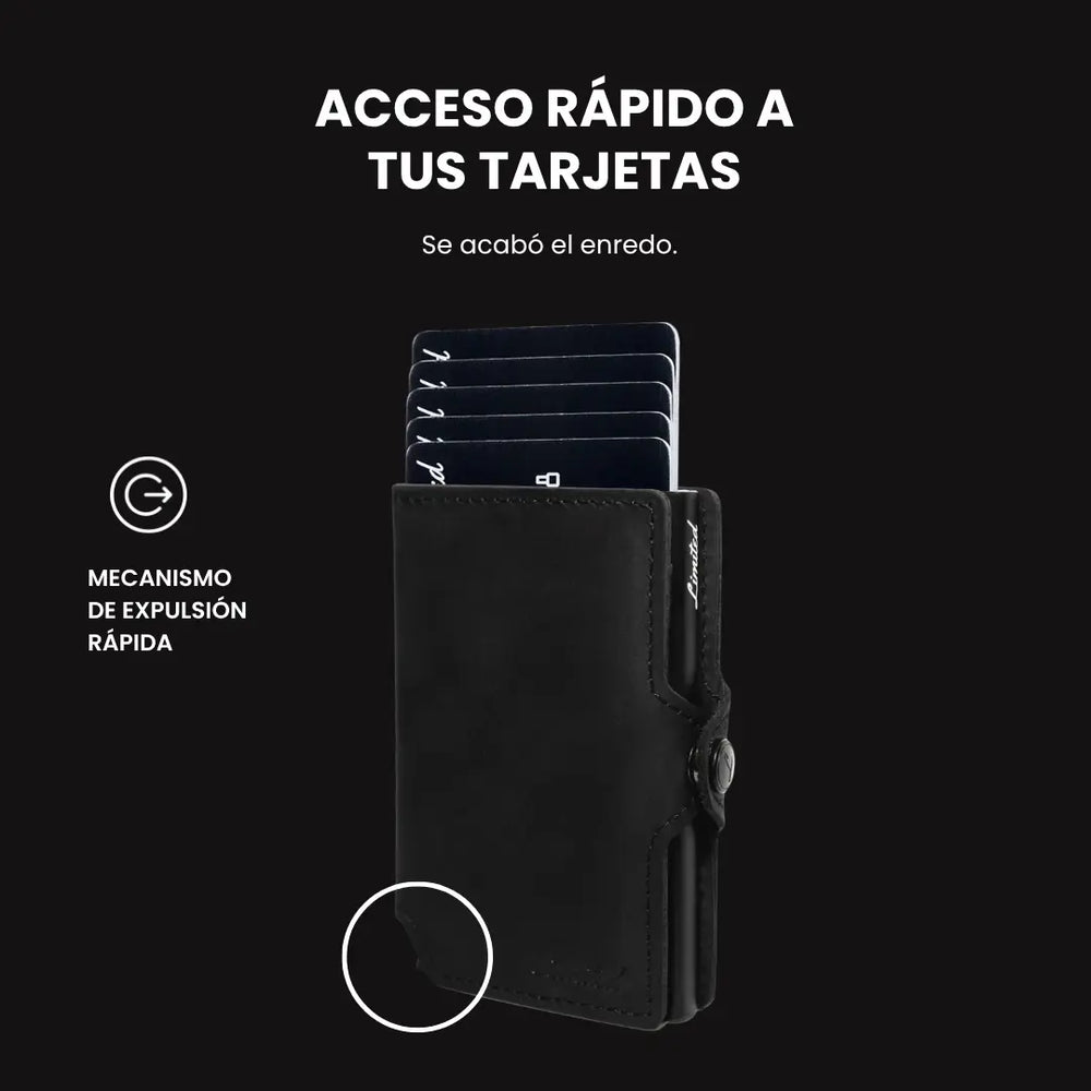 Billetera LIMITED de cuero negro con mecanismo de eyección, protección RFID, espacio para tarjetas y billetes, empaque premium y diseño delgado para hombre.