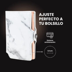Billetera Slim Mármol LIMITED con diseño marmoleado blanco y negro, mecanismo de eyección para tarjetas, protección RFID y acabado minimalista.