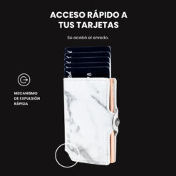 Billetera Slim Mármol LIMITED con diseño marmoleado blanco y negro, mecanismo de eyección para tarjetas, protección RFID y acabado minimalista.