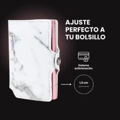 Billetera Slim Mármol LIMITED con diseño marmoleado blanco y negro, mecanismo de eyección para tarjetas, protección RFID y acabado minimalista.