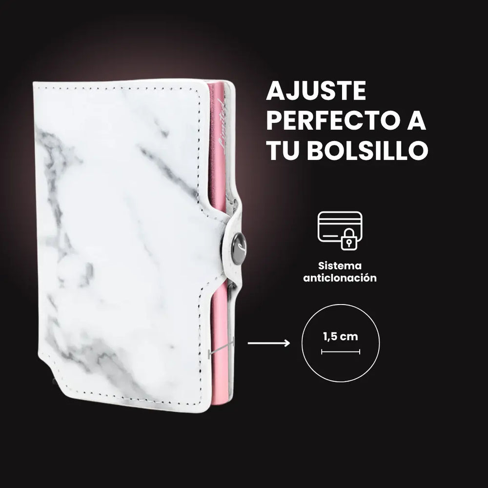 Billetera Slim Mármol LIMITED con diseño marmoleado blanco y negro, mecanismo de eyección para tarjetas, protección RFID y acabado minimalista.